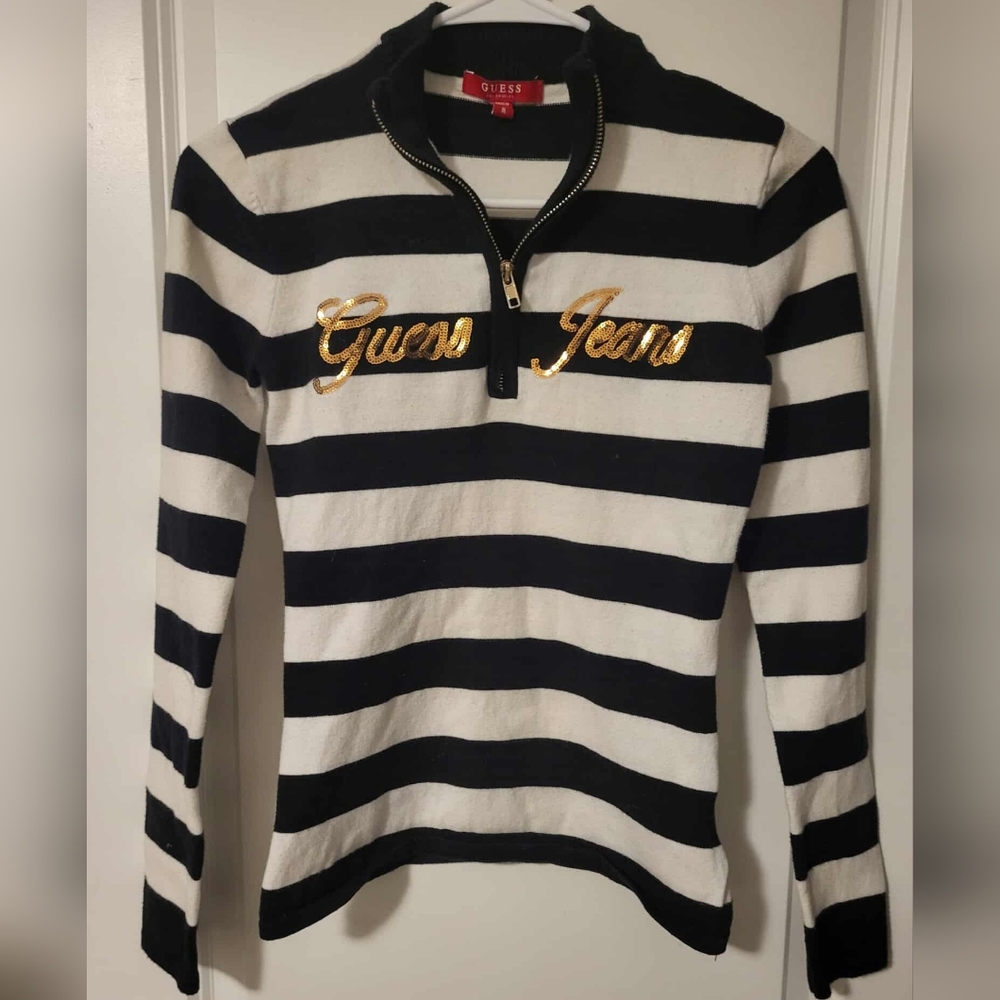 Guess Black and White Striped Sweater